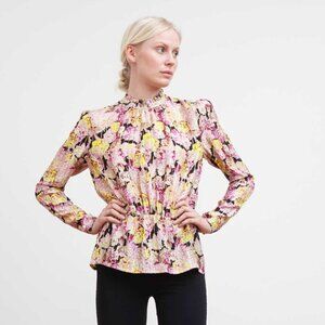 Birgitte Herskind Pink Metallic Floral Crystal Silk Blend Long Sleeve Blouse